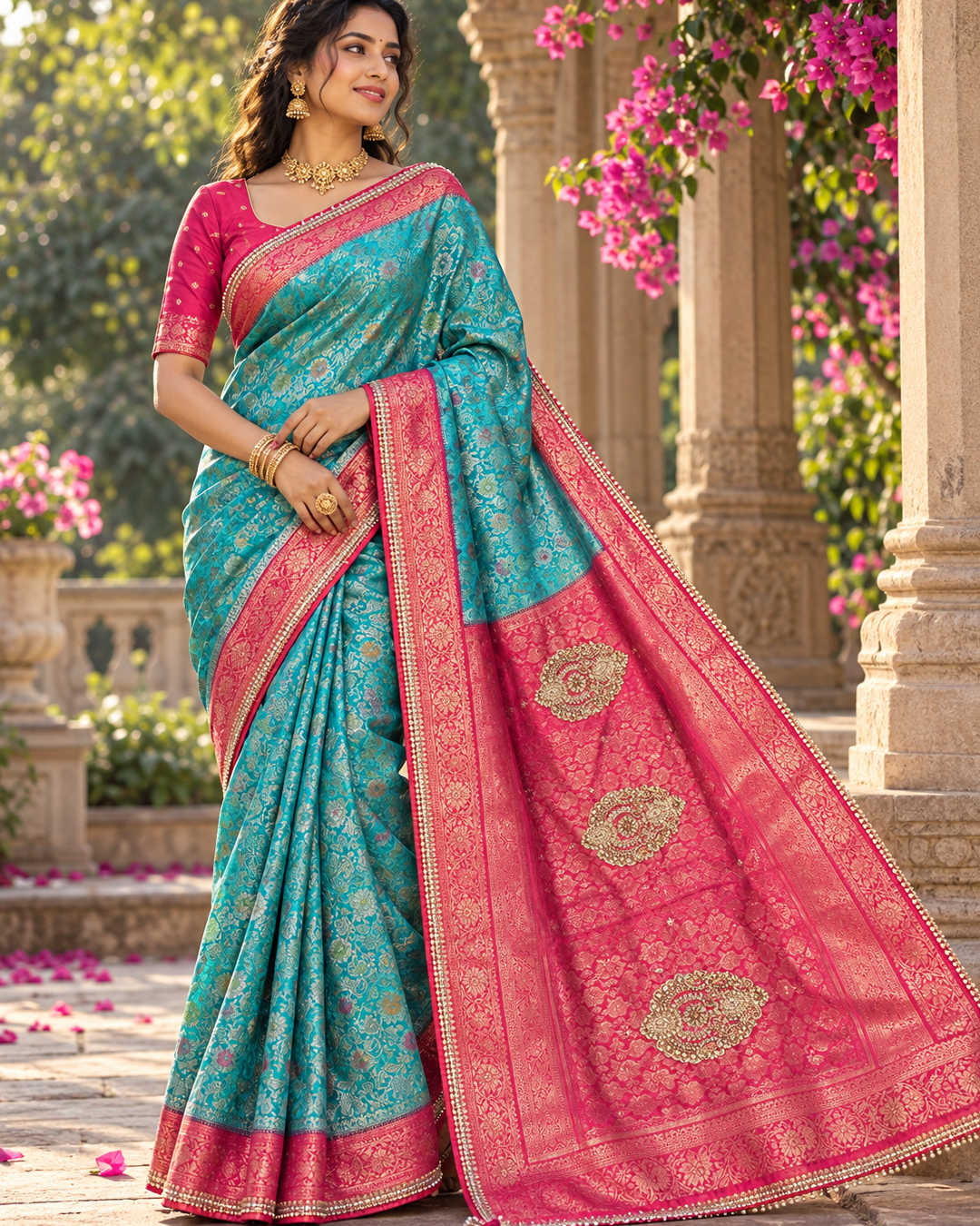 Turquoise Blue & Pink Woven Silk Saree with Gold Medallion Pallu