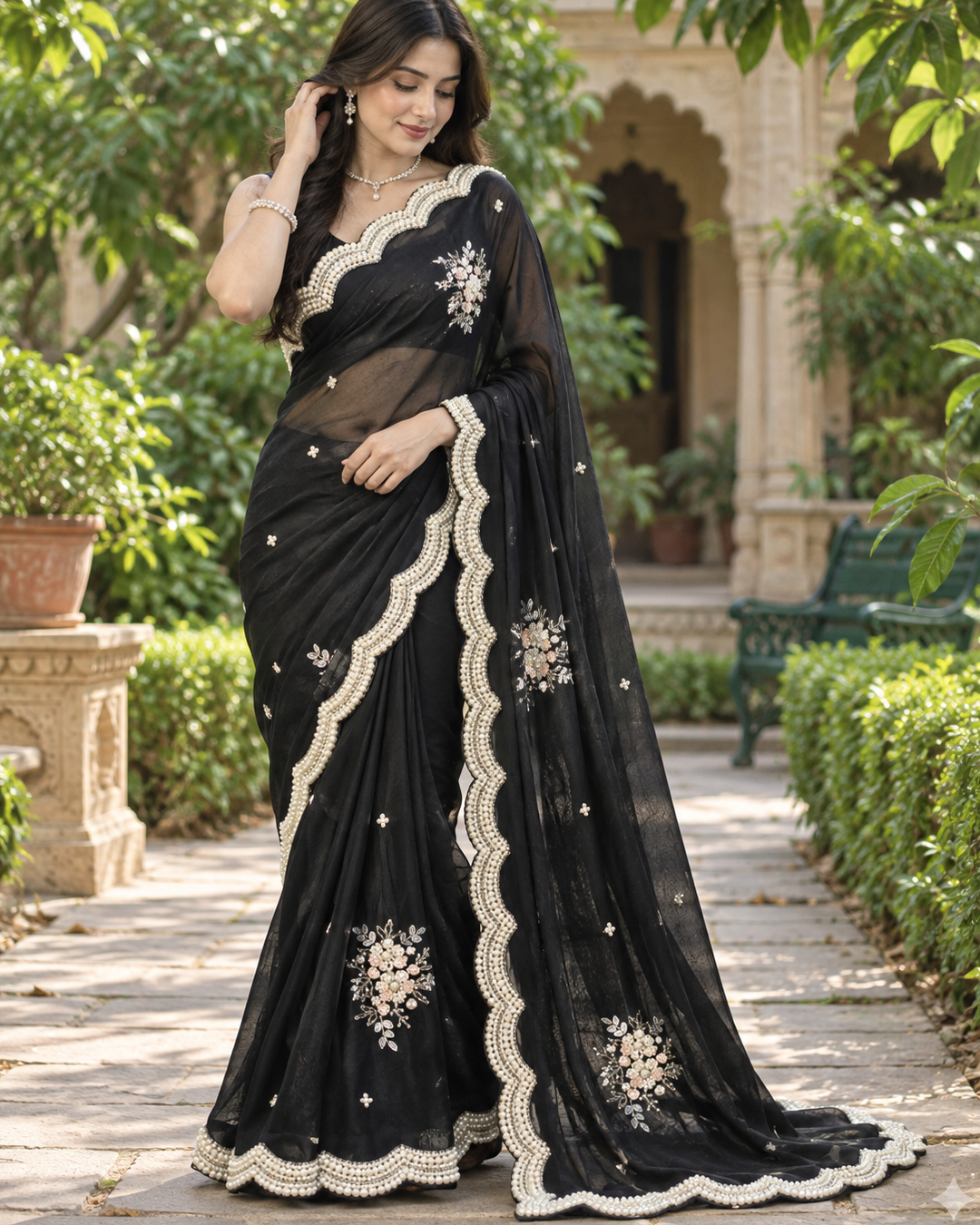 Midnight Black Organza Silk Saree with Pearl Scalloped Border & Floral Motifs