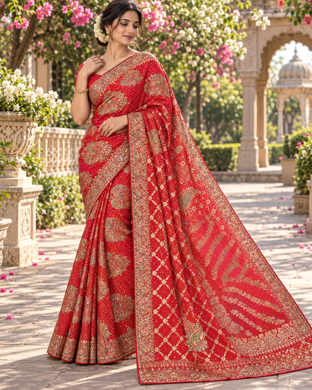 Royal Red Shimmer Saree with Floral Zari Embroidery Main image