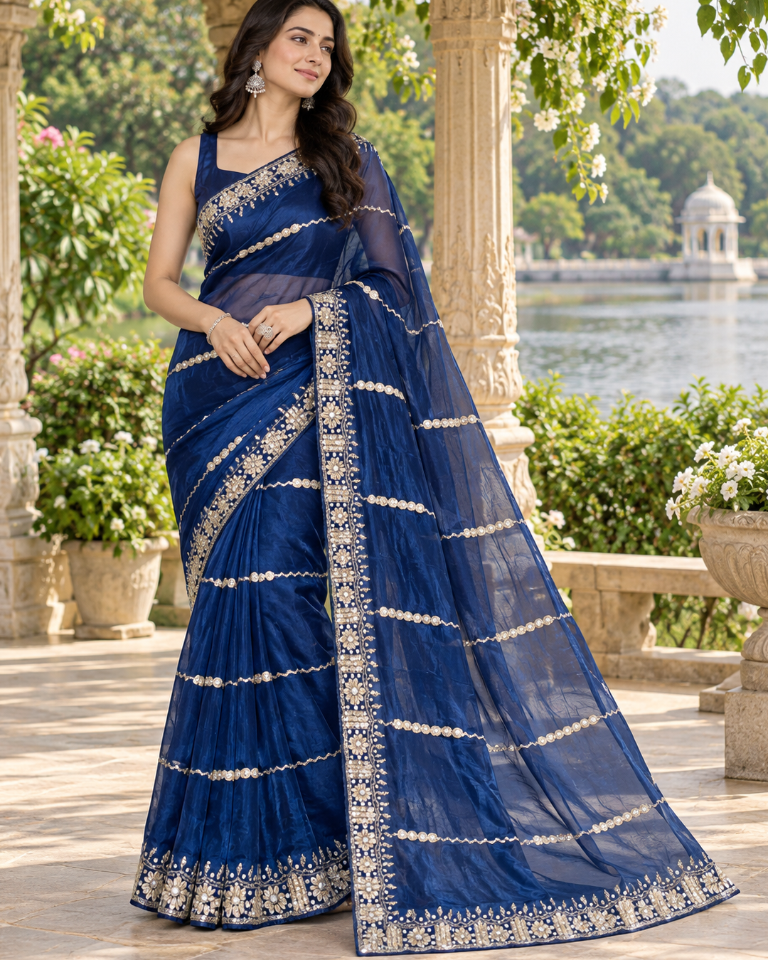 Midnight Royal Blue Organza Silk Saree with Mirror-Work & Horizontal Zari Striped Border