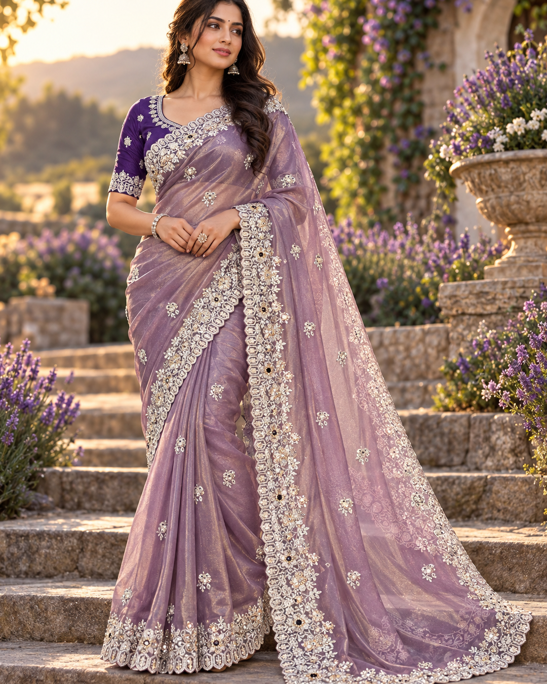 Lilac Purple Tissue Organza Saree with Scalloped Mirror & Zardozi Border