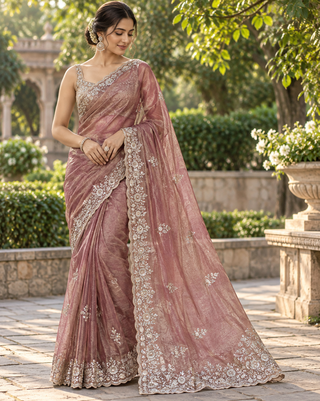 Lavender Shimmer Saree with Floral Zari Embroidery Main image