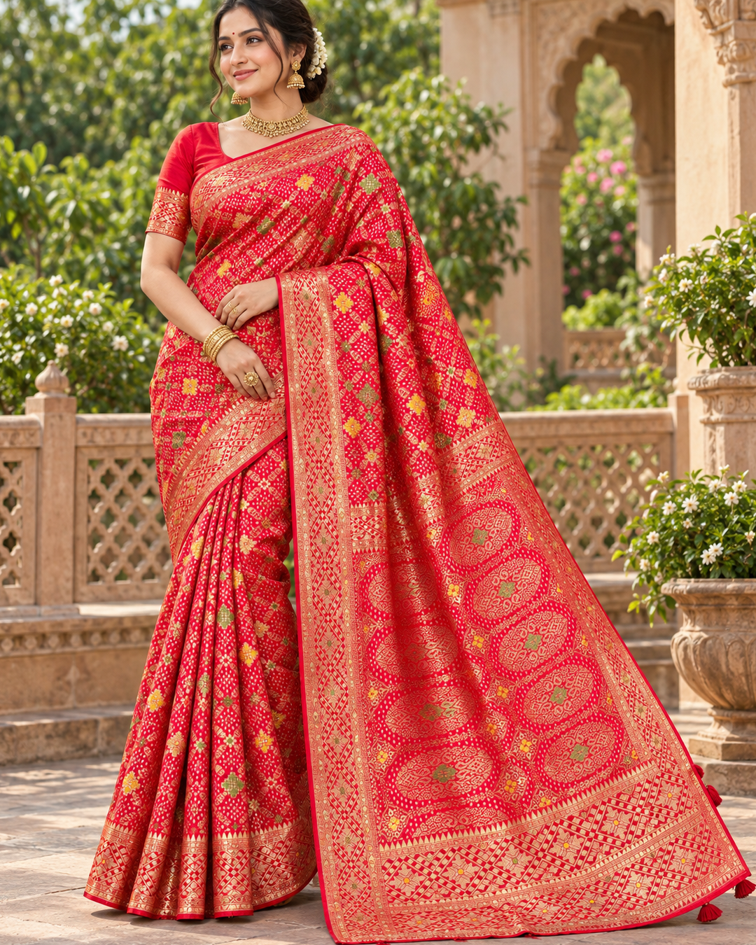 Crimson Red Woven Silk Saree with Geometric Lattice & Oval Medallion Pallu