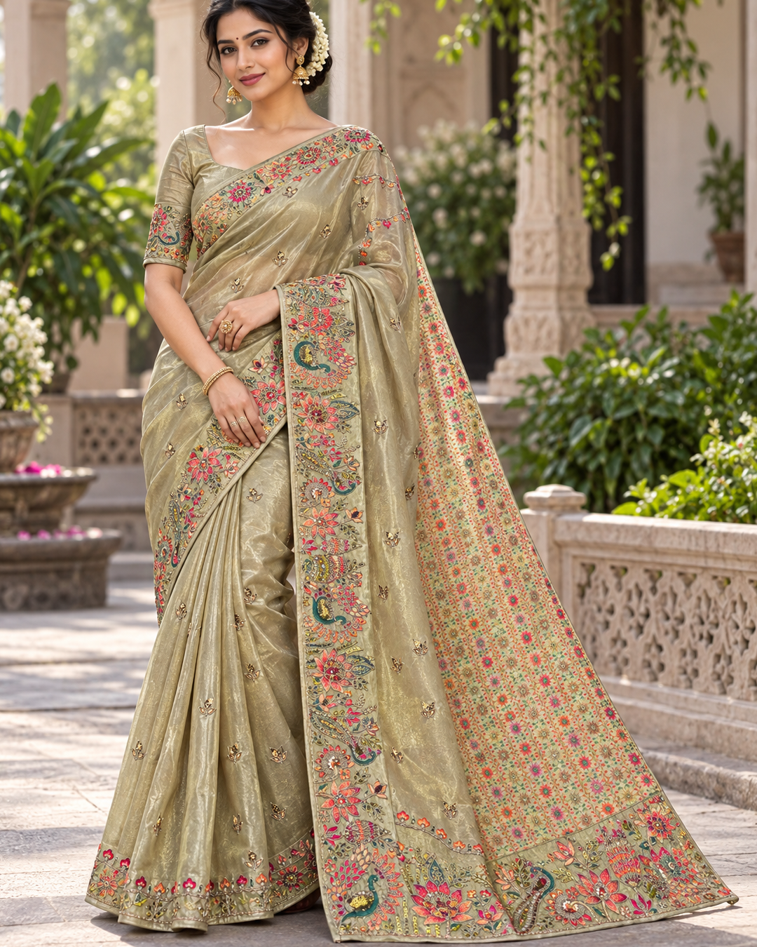 Olive Gold Tissue Silk Saree with Peacock & Floral Embroidered Border