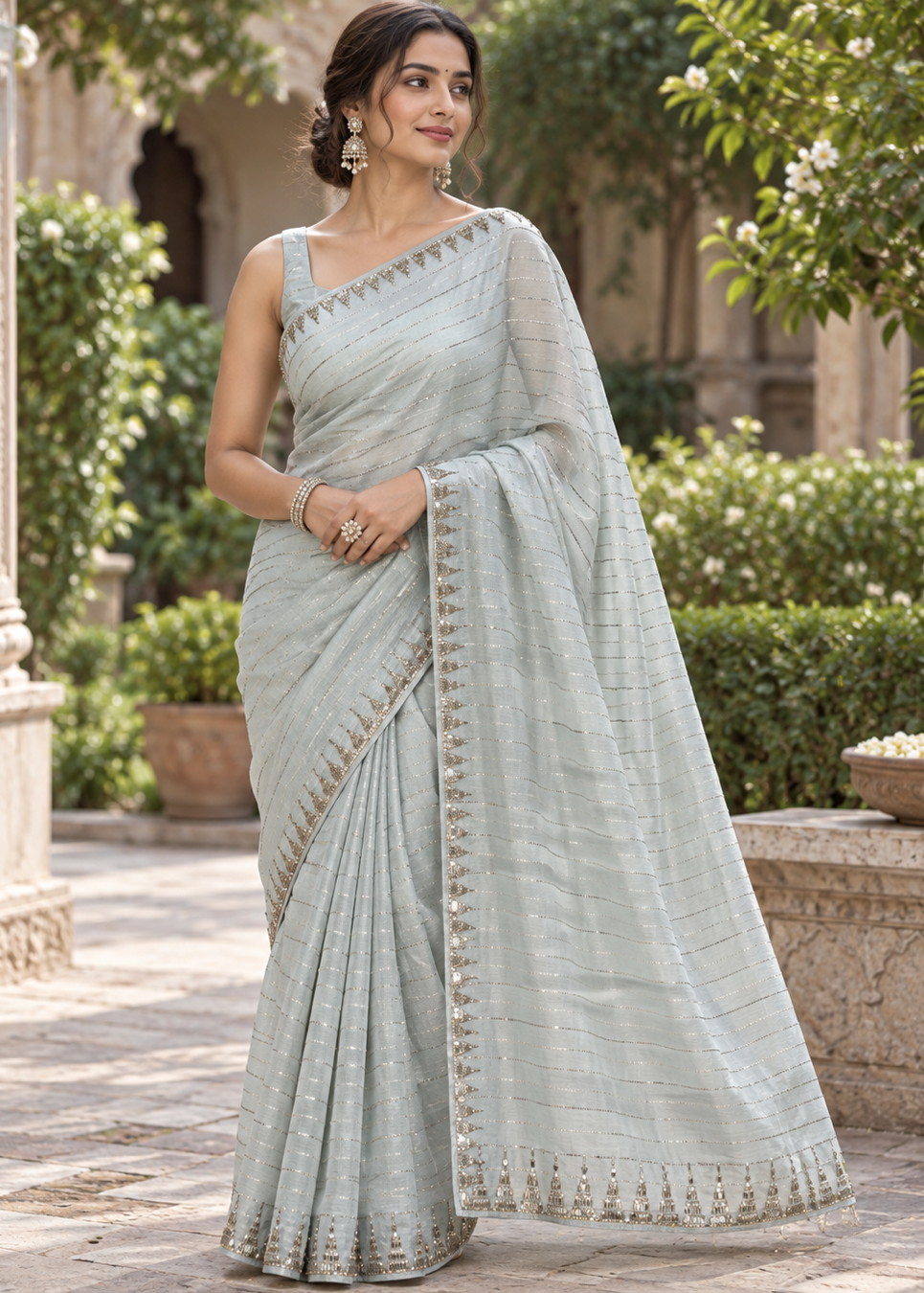 Grey Sequined Georgette Saree with Mirror Work Embroidered Border