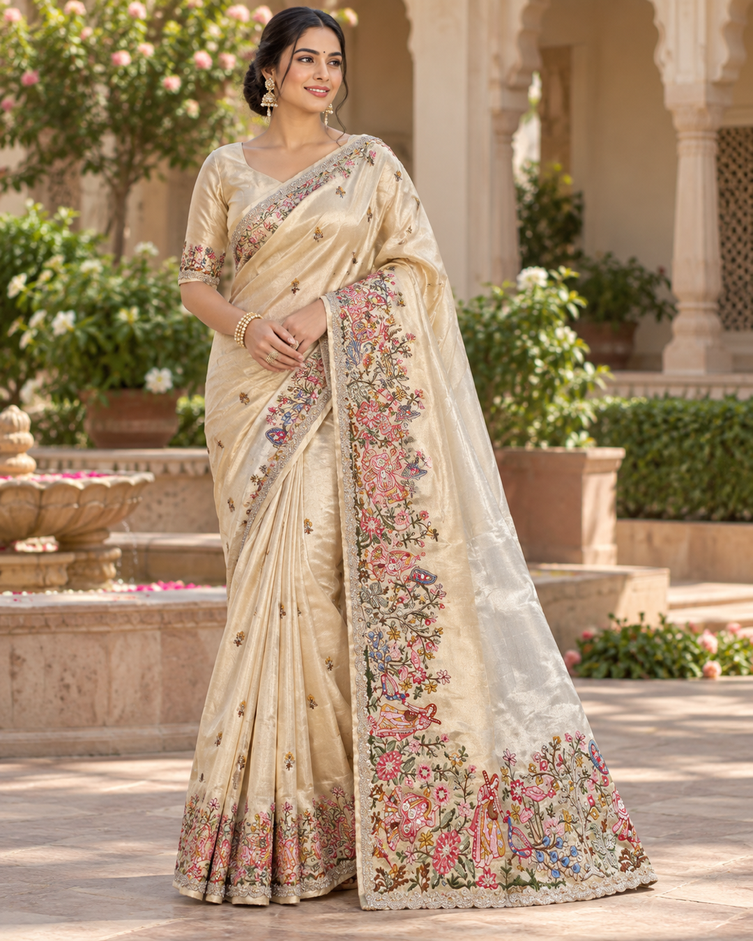 Champagne Gold Embroidered Figurative Saree Main image