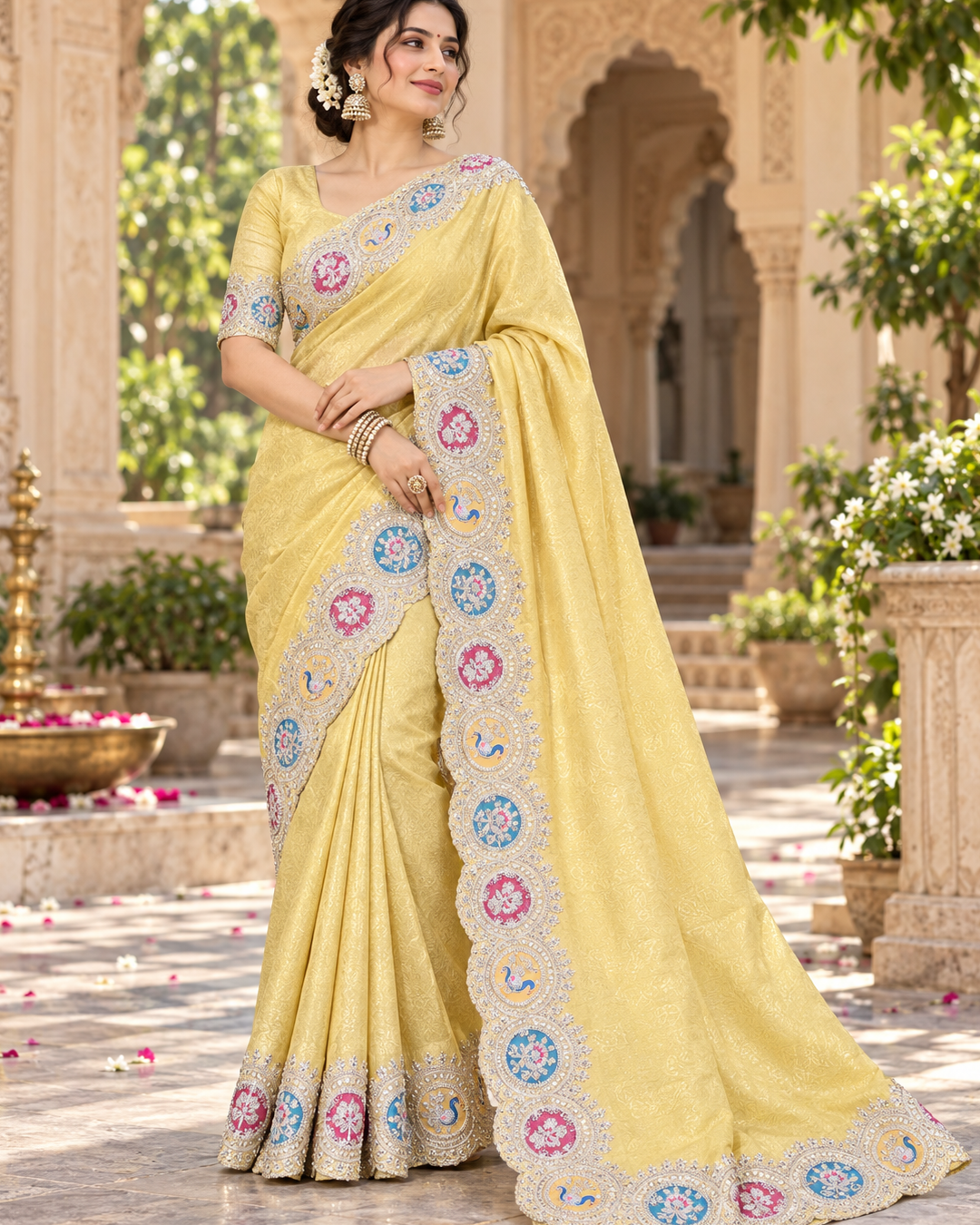 Pale Yellow Silk Organza Saree with Scalloped Medallion Embroidered Border