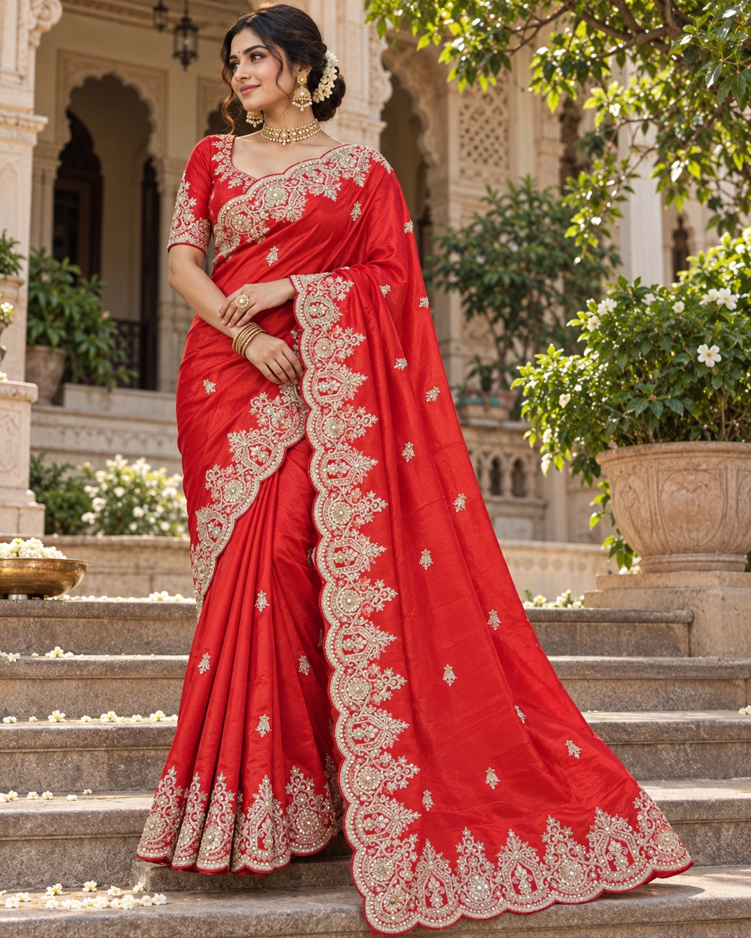 Red Embroidered Silk Saree with Heavy Scalloped Zardozi Border