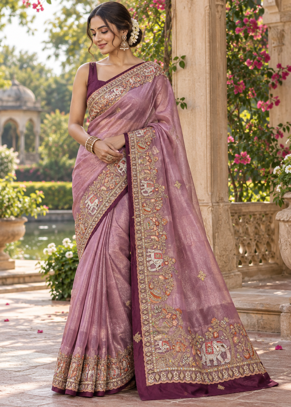 Mauve Purple Tissue Silk Saree with Elephant & Floral Embroidered Border