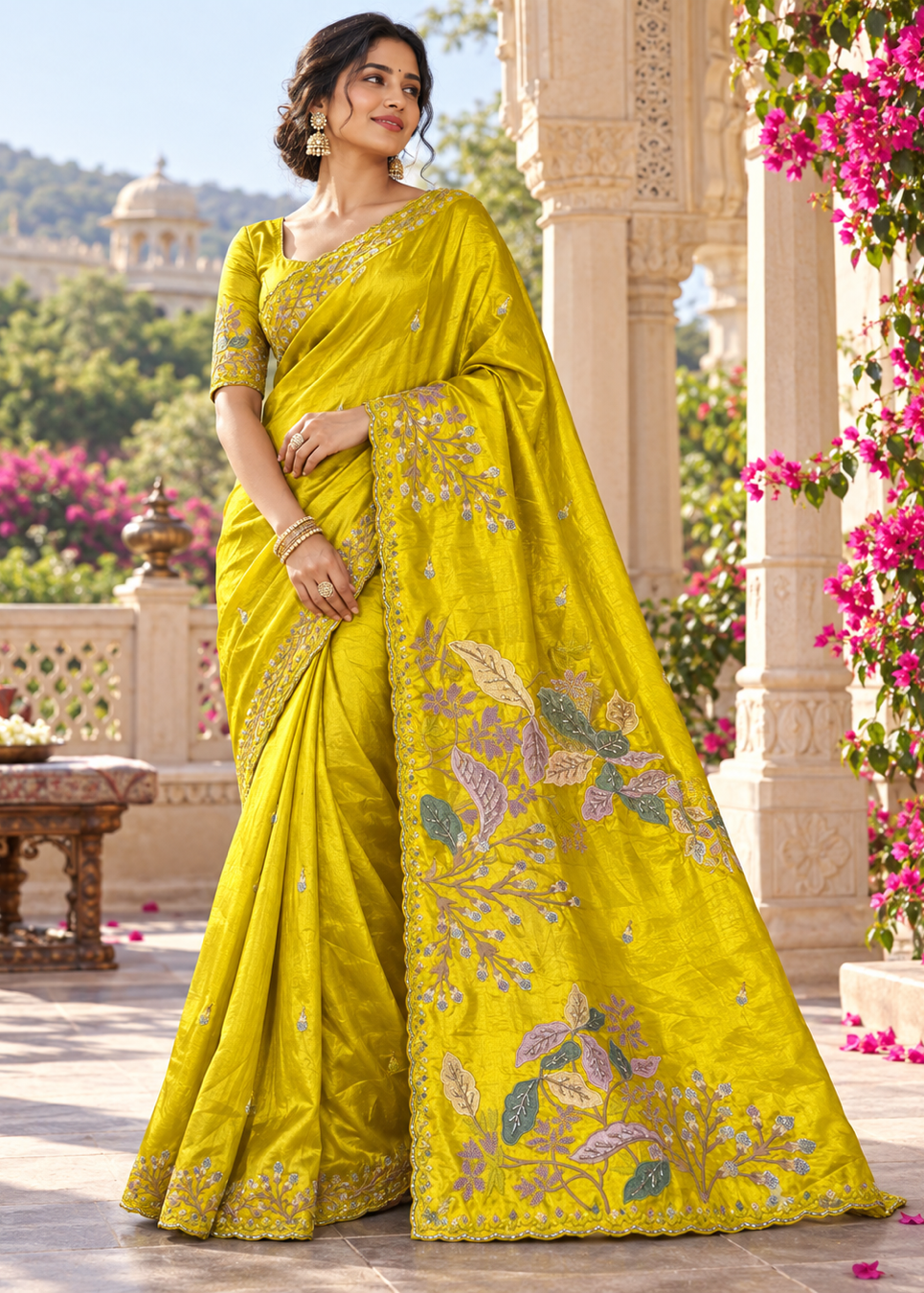 Mustard Yellow Silk Saree with Floral Branch Embroidery & Scalloped Border