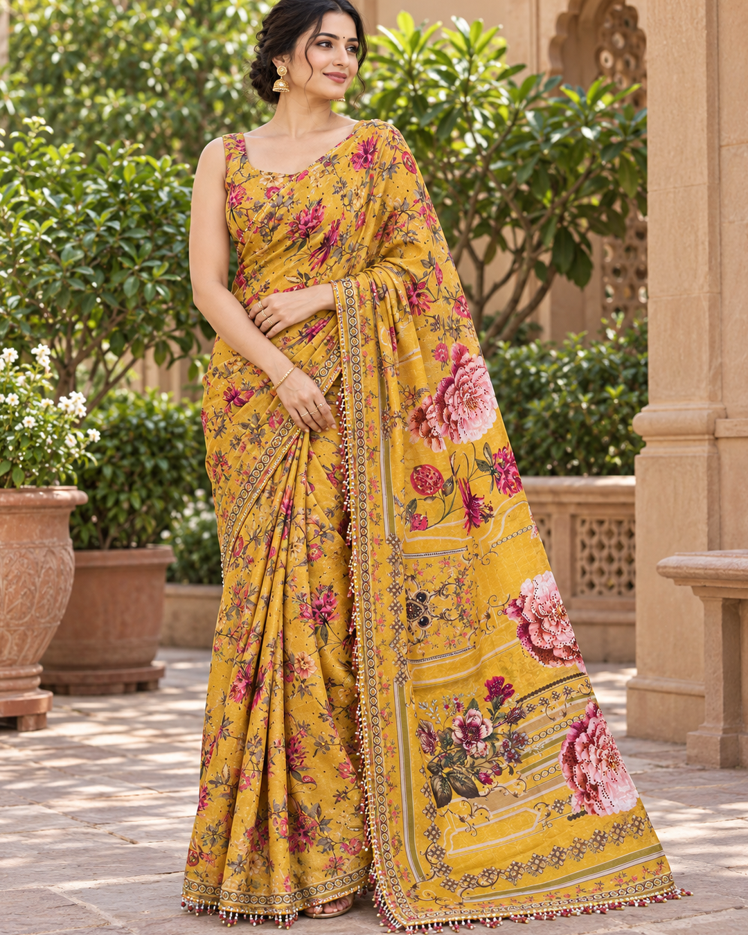 Mustard Yellow Floral Printed Silk Saree with Pearl Lace Border & Sequined Pallu