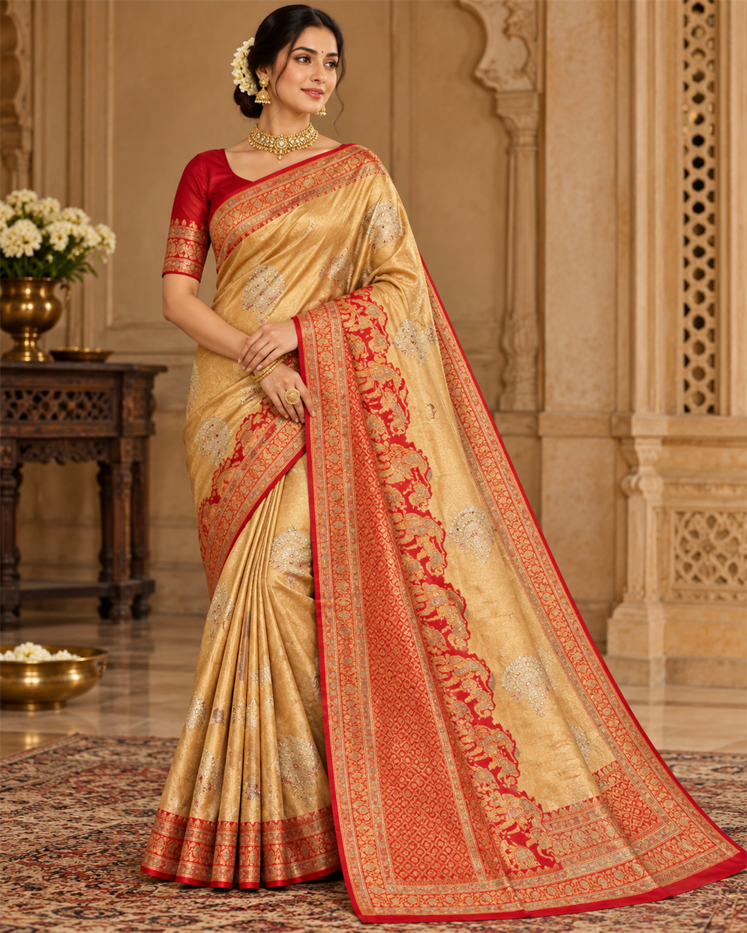 Rust Gold Banarasi Silk Saree with Contrast Red Border & Blouse Main image