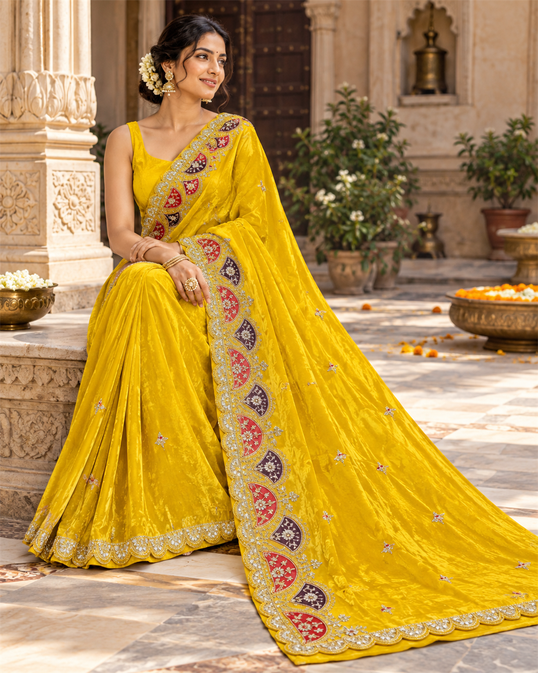 Radiant Yellow Embroidered Silk Saree Main image