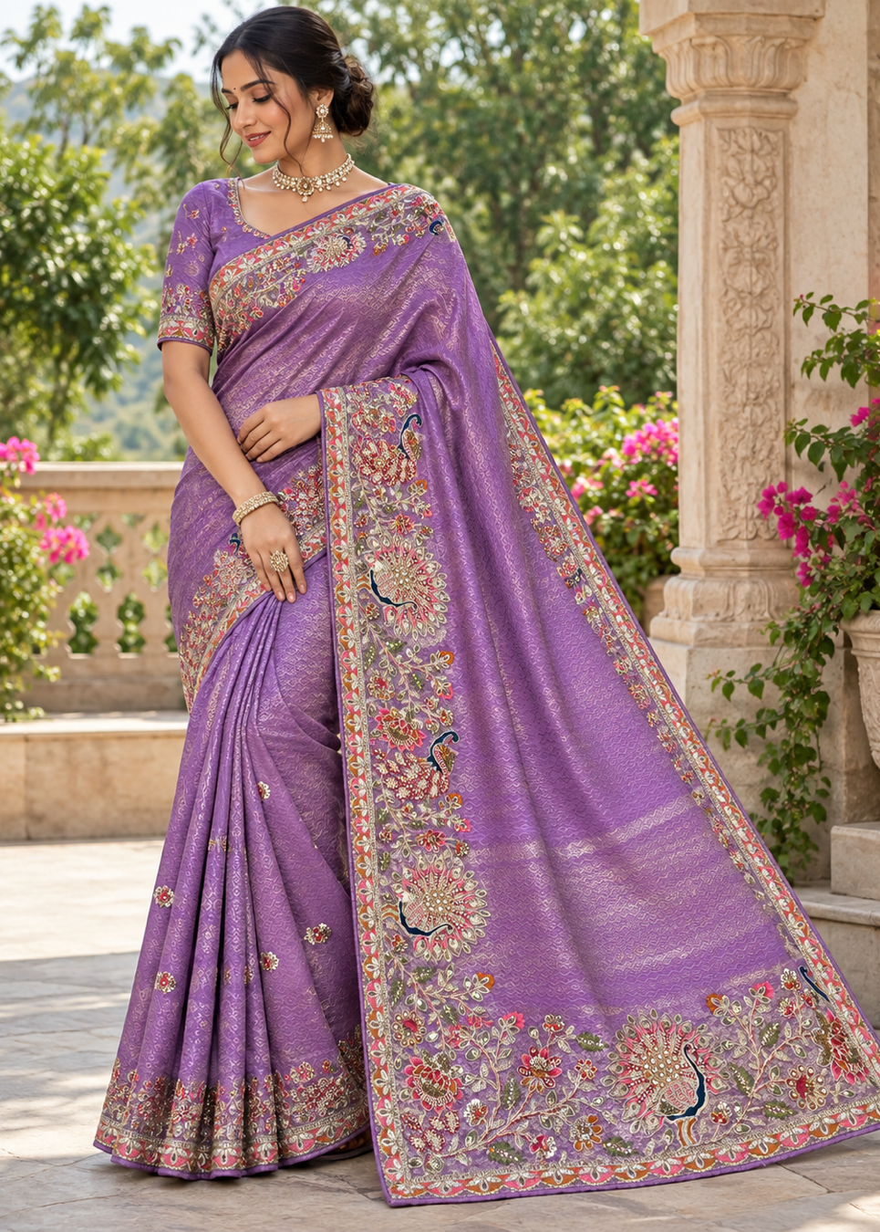 Lavender Purple Silk Saree with Peacock & Floral Embroidered Border
