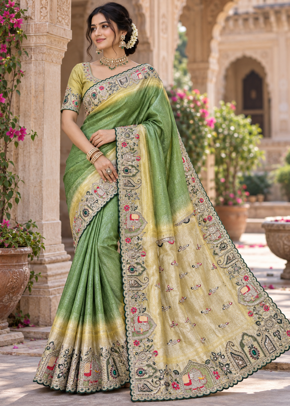 Olive Green & Beige Silk Saree with Elephant & Doli Embroidered Border