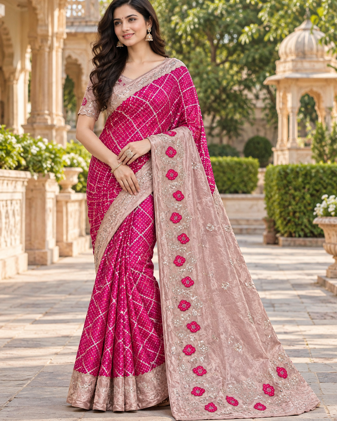 Hot Pink Bandhani Silk Saree with Champagne Gold Embroidered Pallu & Scalloped Border