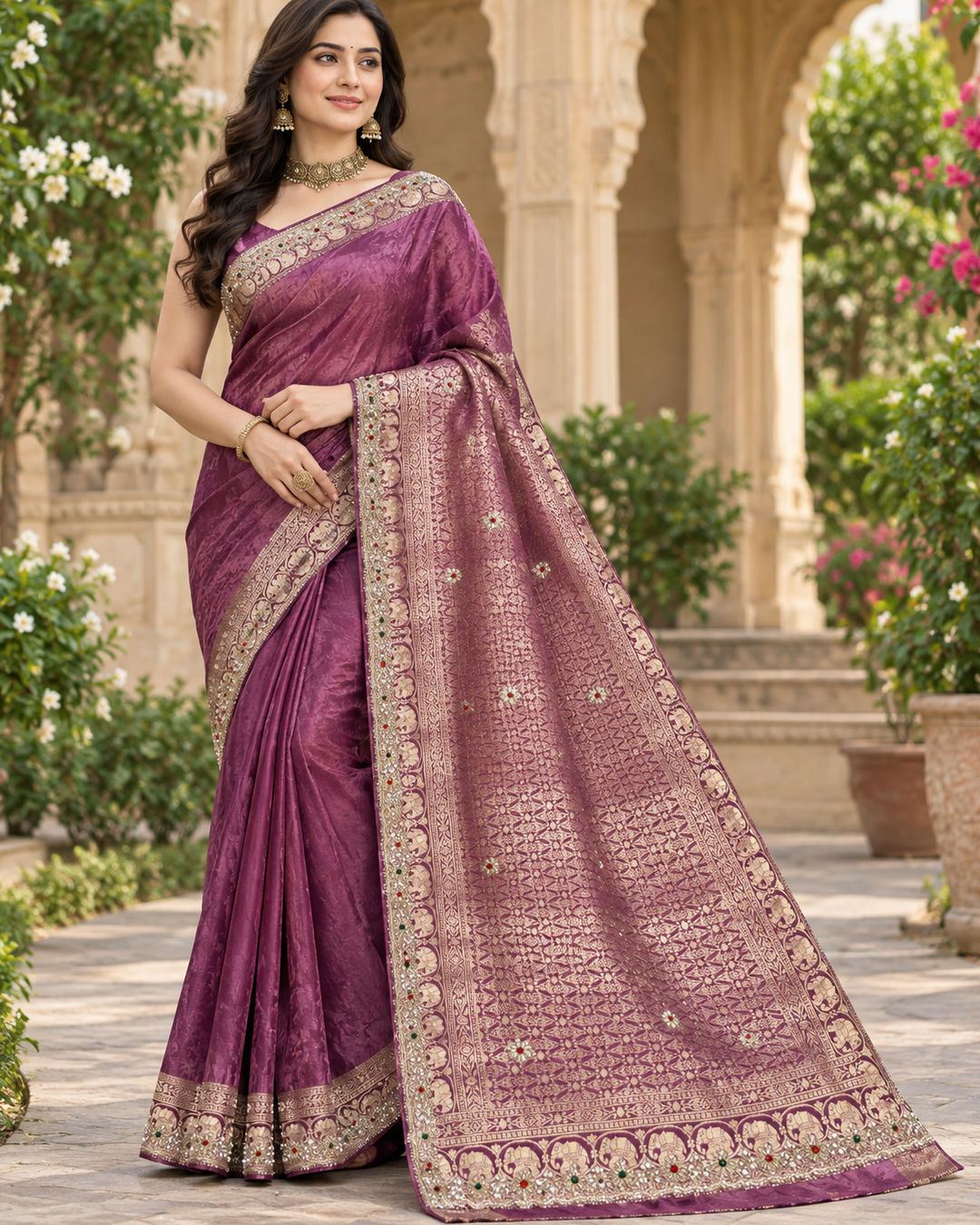 Mauve Purple Silk Tissue Saree with Woven Geometric Pallu & Embroidered Mirror Border