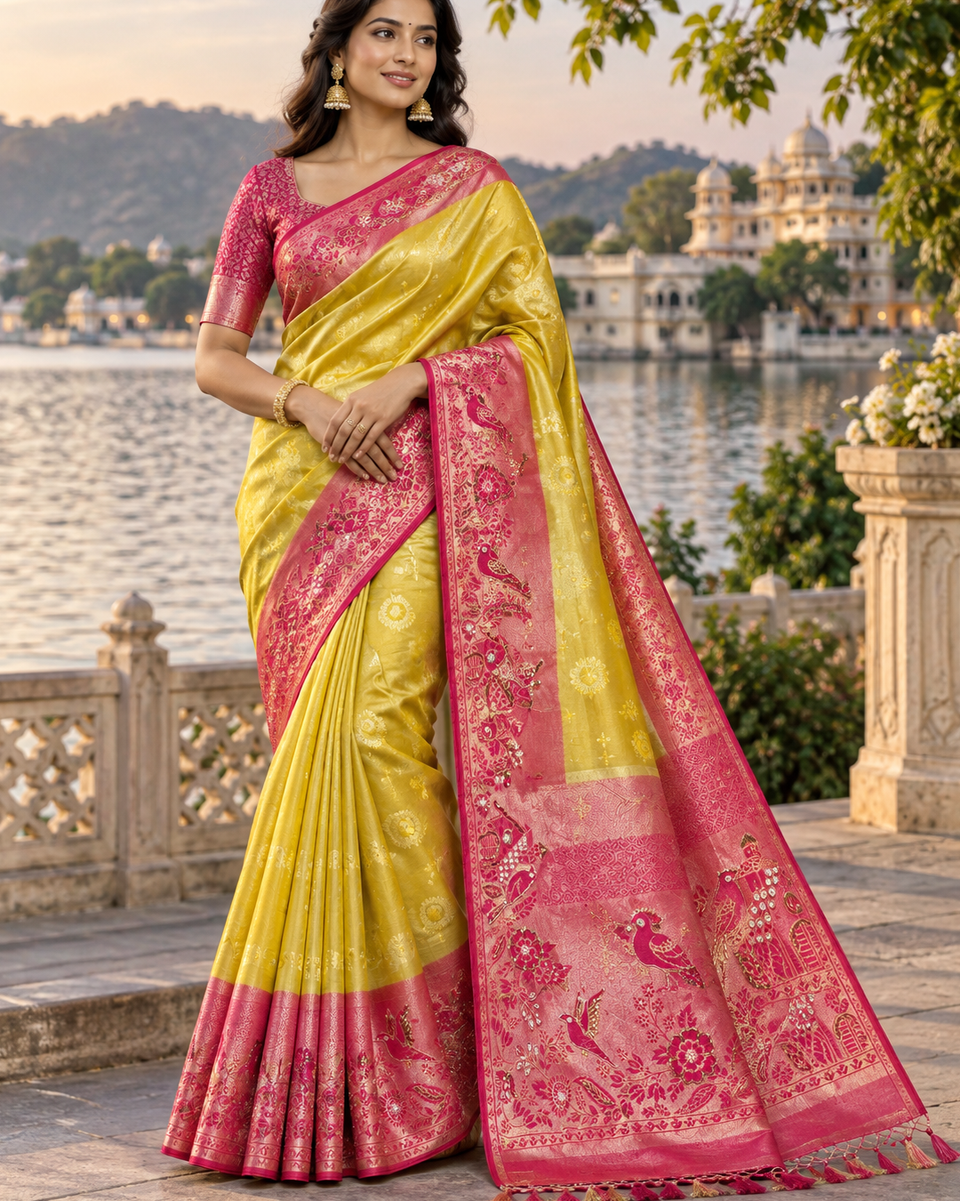 Lemon Yellow & Pink Woven Silk Saree with Bird Motifs & Royal Figure Border