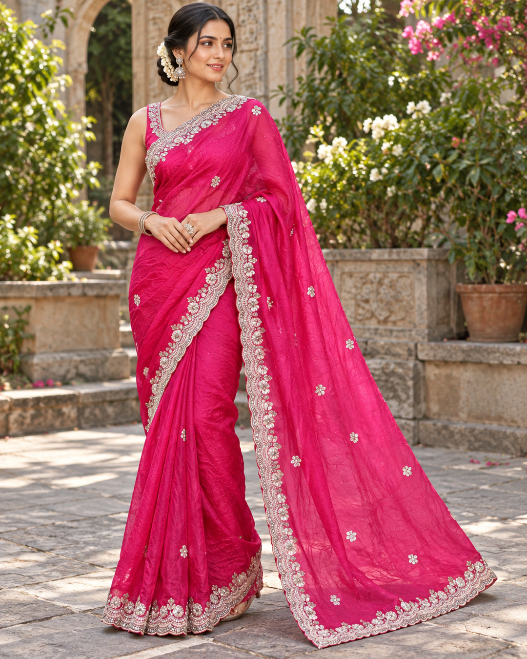 Rani Pink Silk Organza Saree with Scalloped Zardozi Border