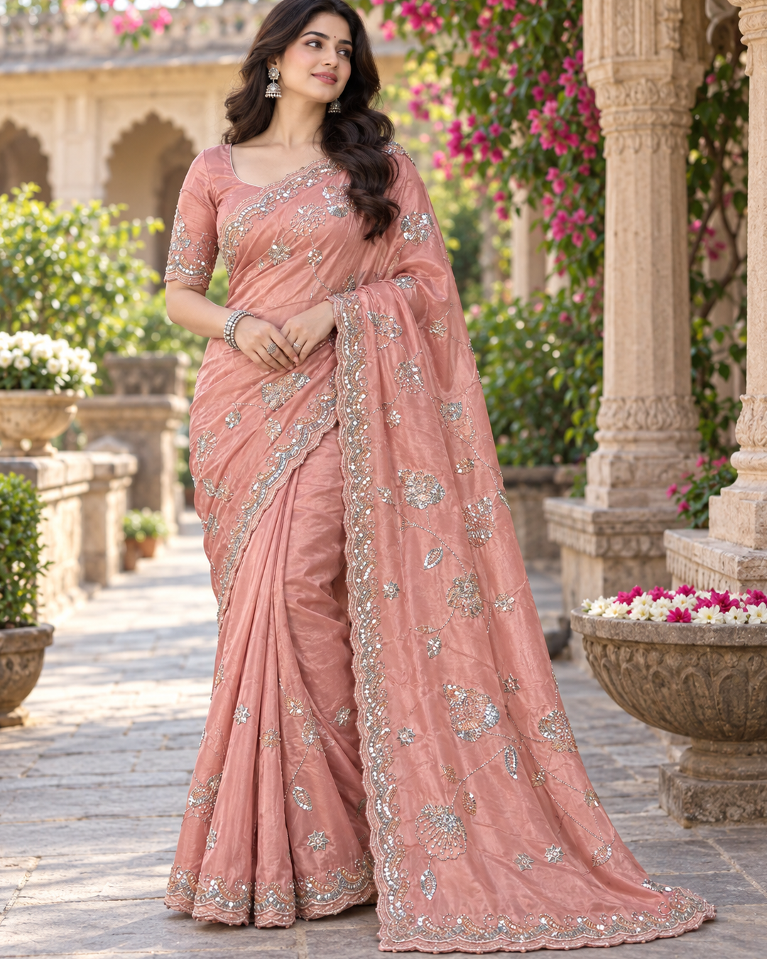 Rose Dust Pink Silk Tissue Saree with Mirror & Silver Zardozi Scalloped Border