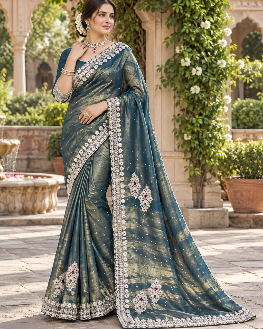 Metallic Slate Blue Tissue Silk Saree with Floral Medallions & Pearl Scalloped Border