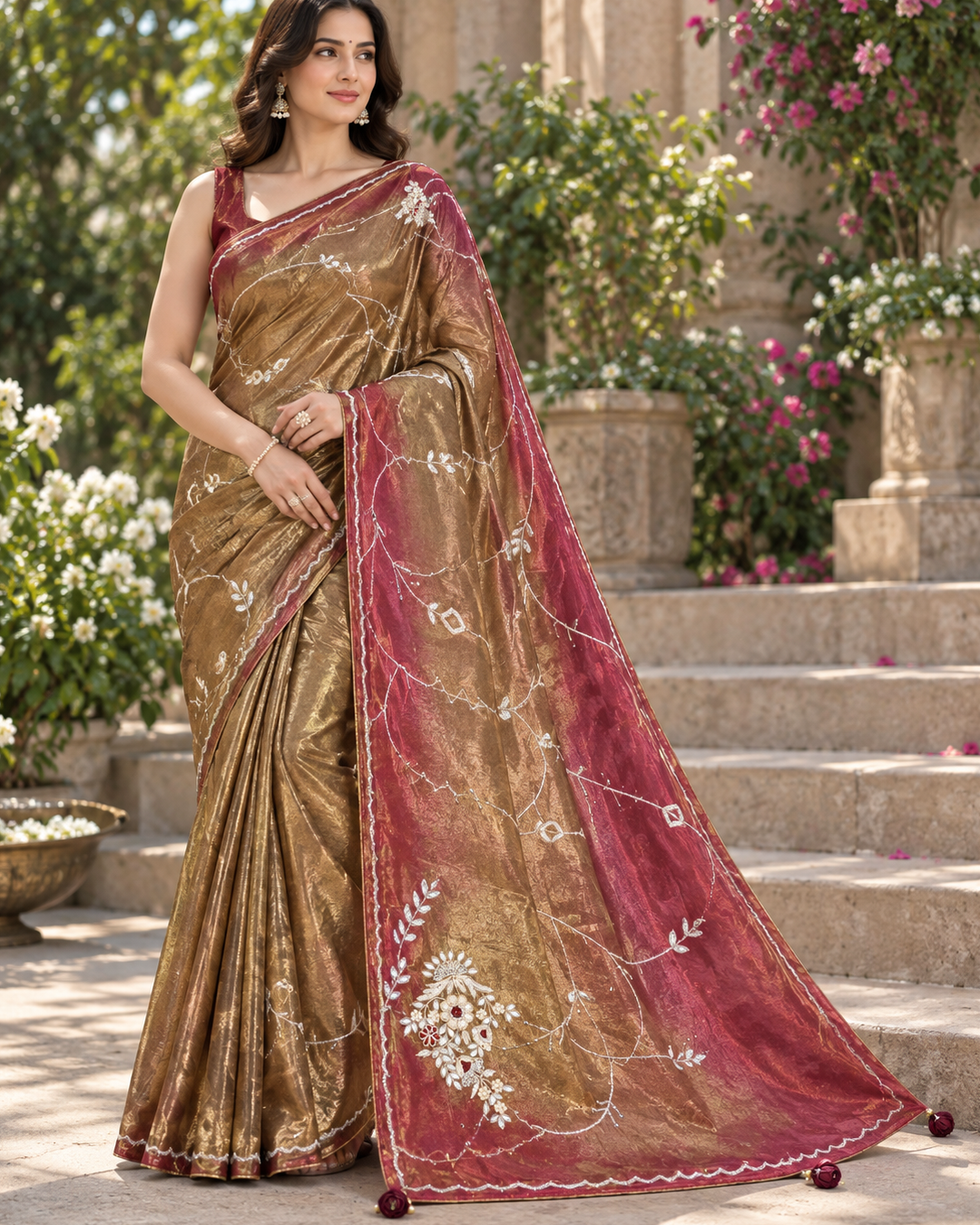 Antique Gold & Maroon Tissue Organza Saree with Delicate Floral Embroidery