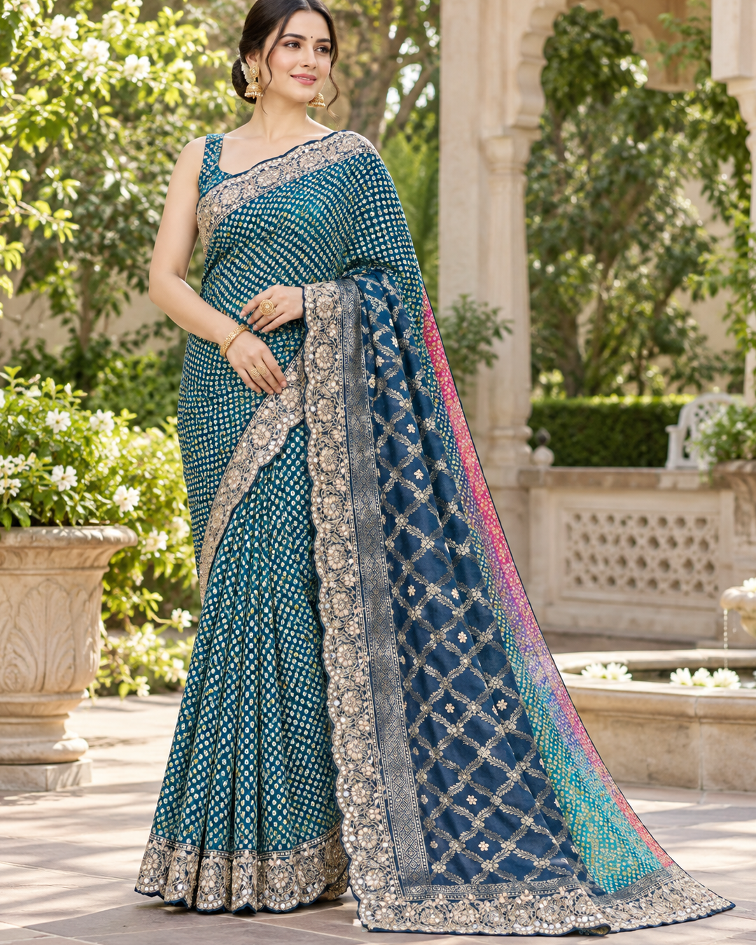 Peacock Teal Bandhani Silk Saree with Mirror & Zardozi Scalloped Border