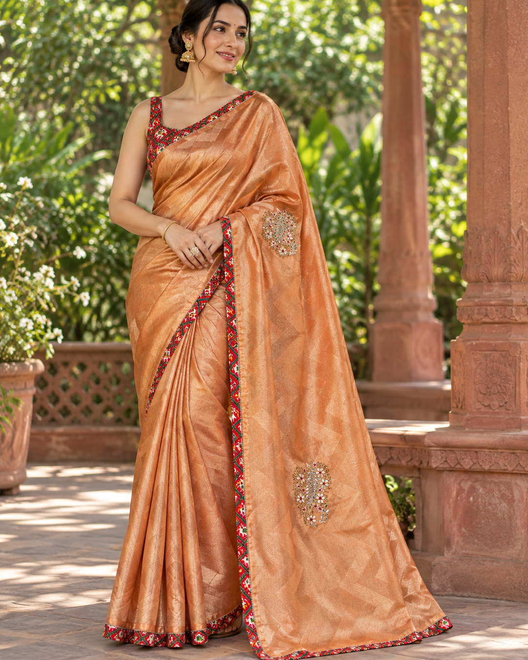 Copper Gold Shimmer Tissue Saree with Ikat Printed Border & Zardozi Medallions