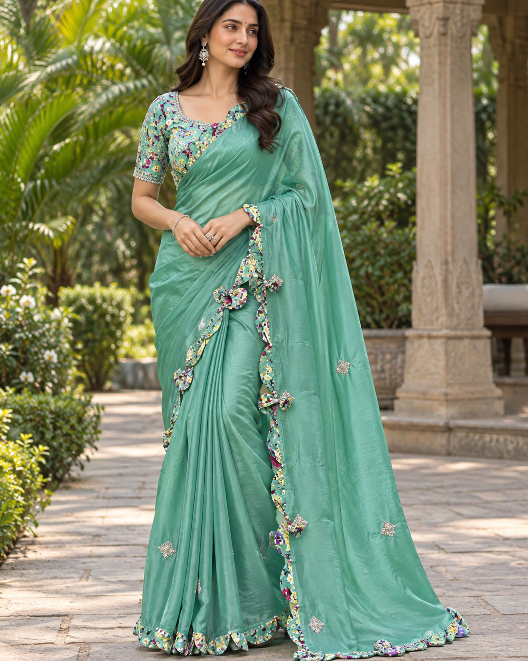 Mint Green Silk Saree with Floral Printed Ruffle Border & Scalloped Detailing