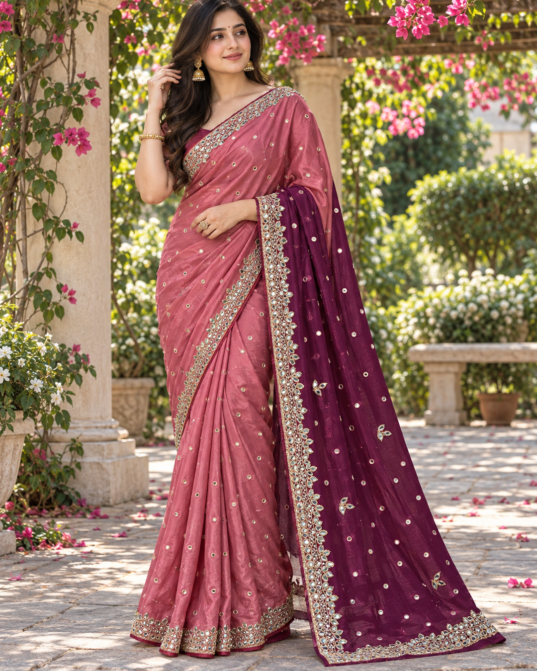 Onion Pink & Deep Wine Silk Tissue Saree with Mirror-Work Scalloped Border