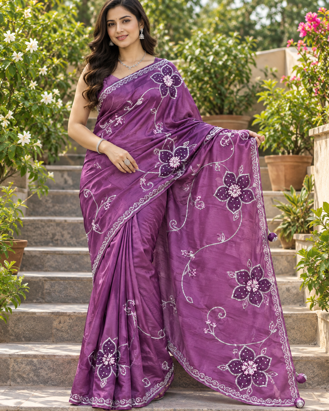Deep Purple Silk Organza Saree with Statement Floral Appliqué & Sequined Vine Embroidery