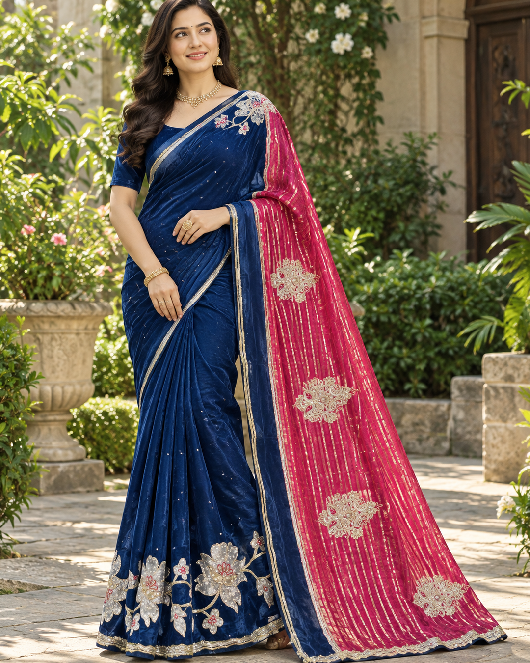 Royal Blue Silk Saree with Floral Appliqué & Magenta Zari Striped Pallu