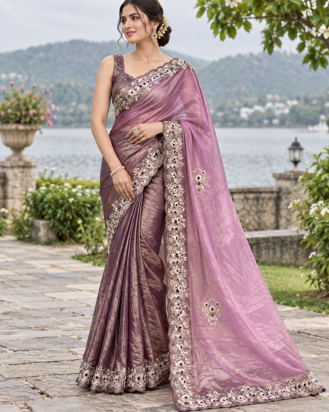 Mauve Purple Tissue Organza Saree with Mirror & Zardozi Scalloped Border