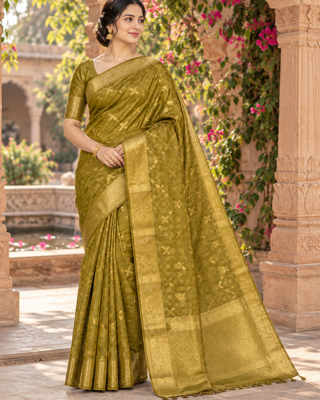Olive Gold Tissue Silk Saree with Woven Zari Geometric Motifs & Brocade Pallu