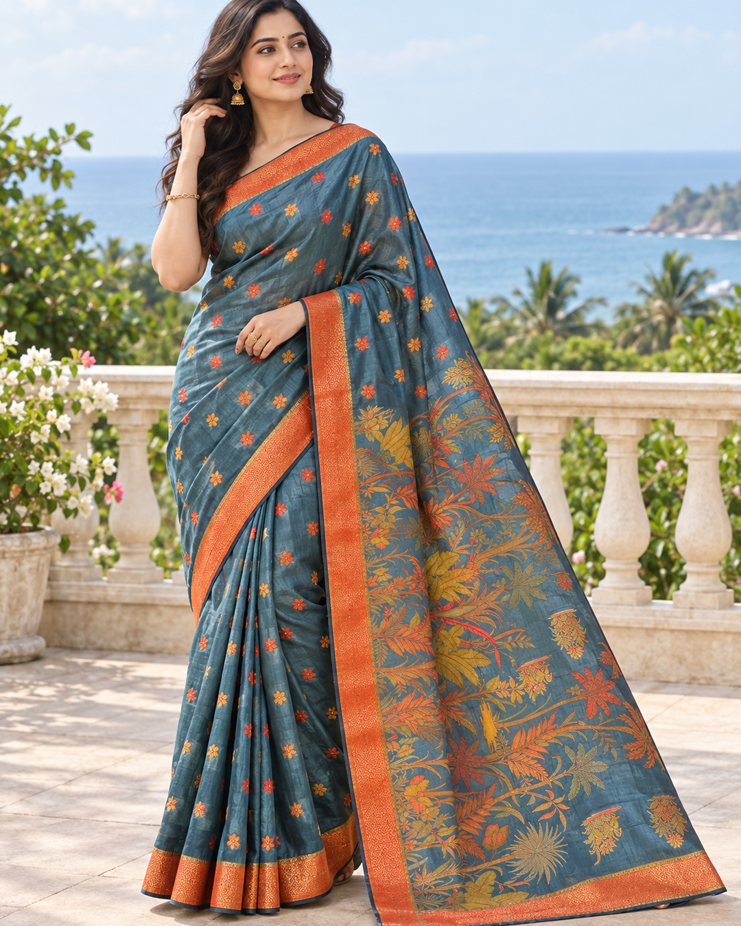 Slate Blue Silk Saree with Coral Orange Zari Border & Botanical Kalamkari Pallu