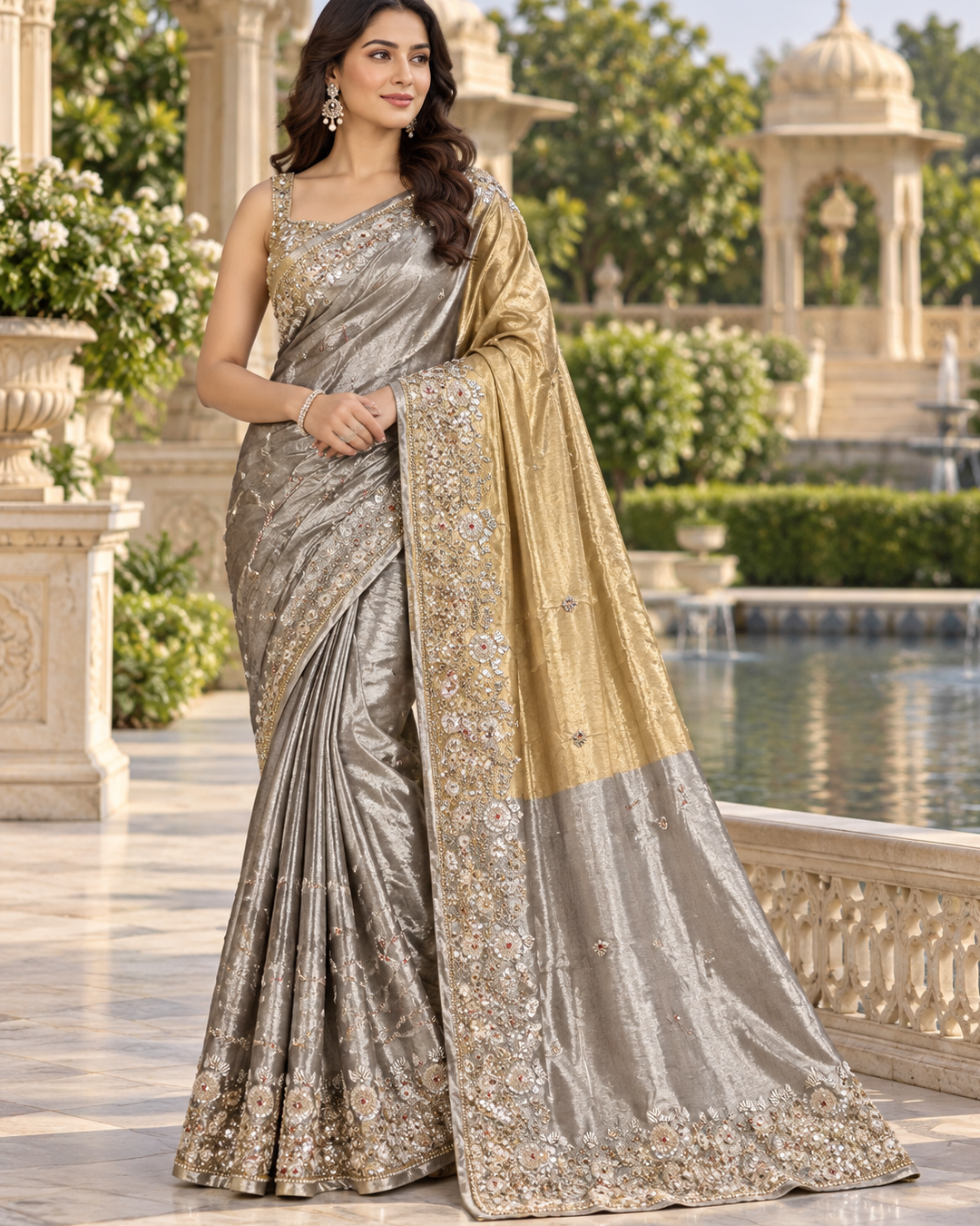 Metallic Grey & Gold Tissue Silk Saree with Heavy Floral Zardozi Border