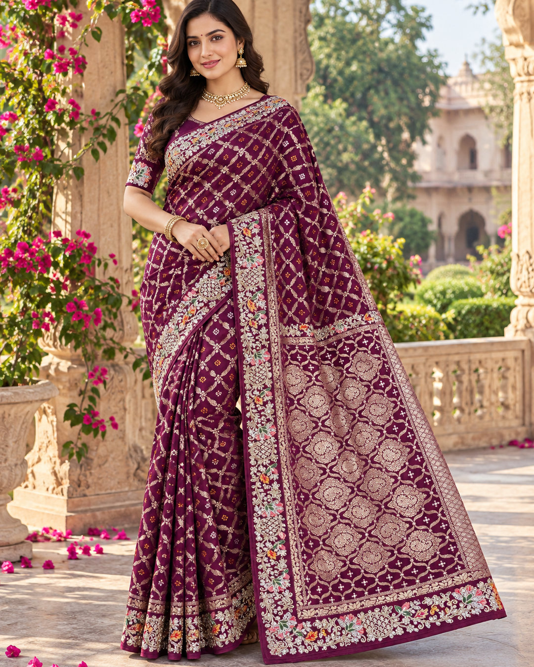 Deep Purple Silk Saree with Geometric Lattice Weave & Floral Embroidered Border