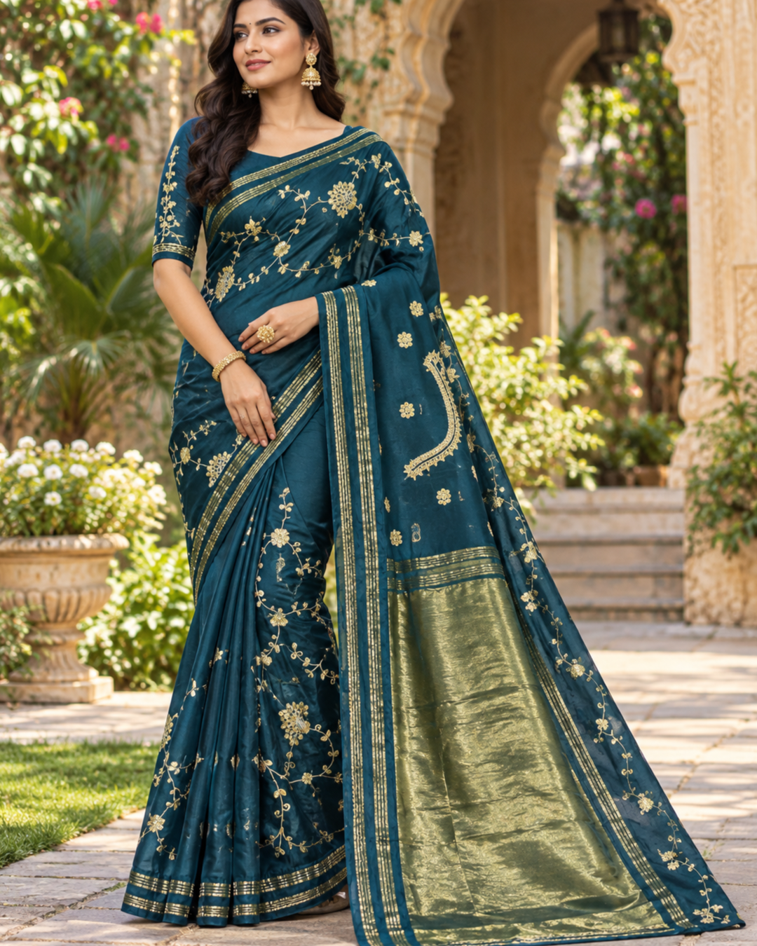 Teal Blue Silk Saree with Gold Zari Floral Embroidery & Panelled Pallu