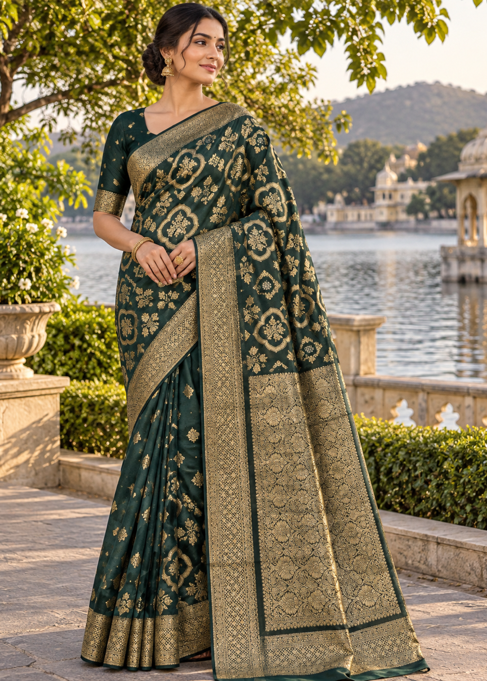 Dark Green Woven Silk Saree with Gold Zari Medallions & Panelled Pallu
