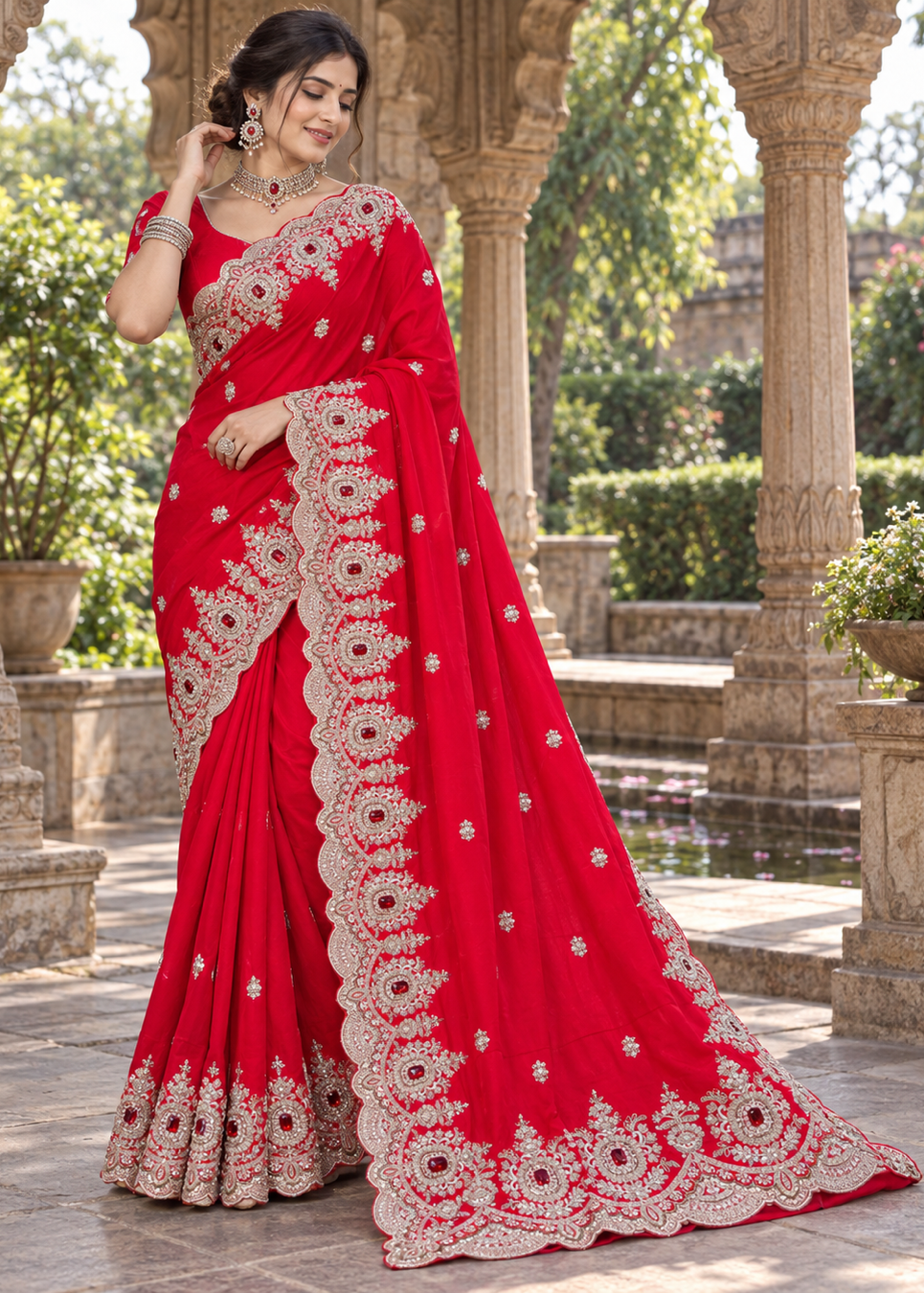 Bright Red Silk Saree with Heavy Scalloped Medallion Embroidered Border
