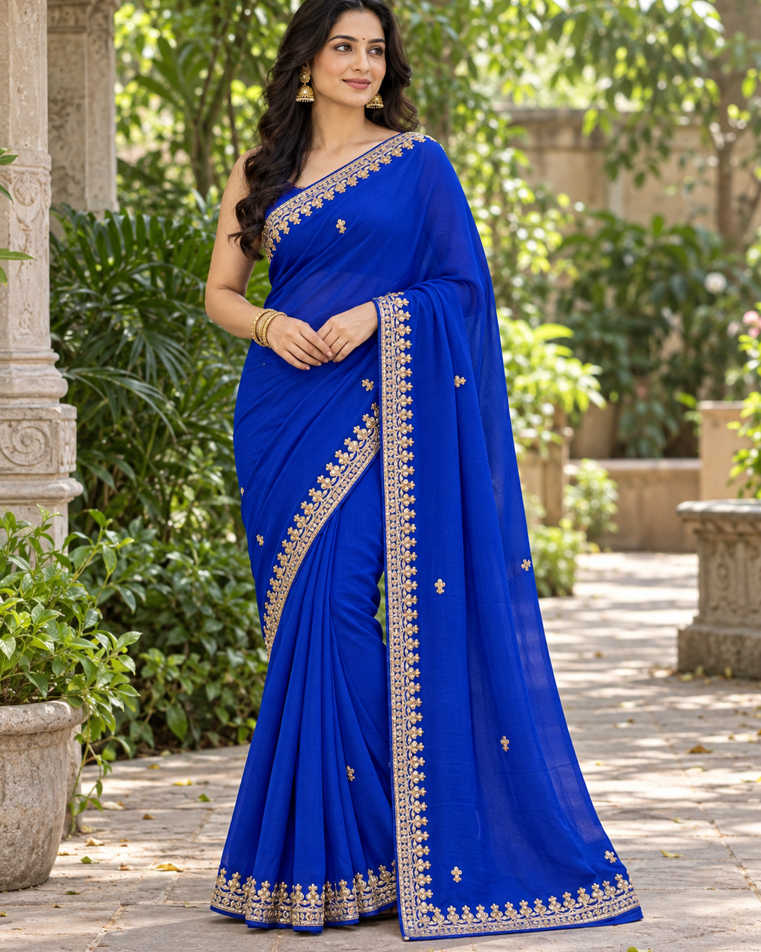 Royal Blue Georgette Silk Saree with Gold Embroidered Scalloped Border