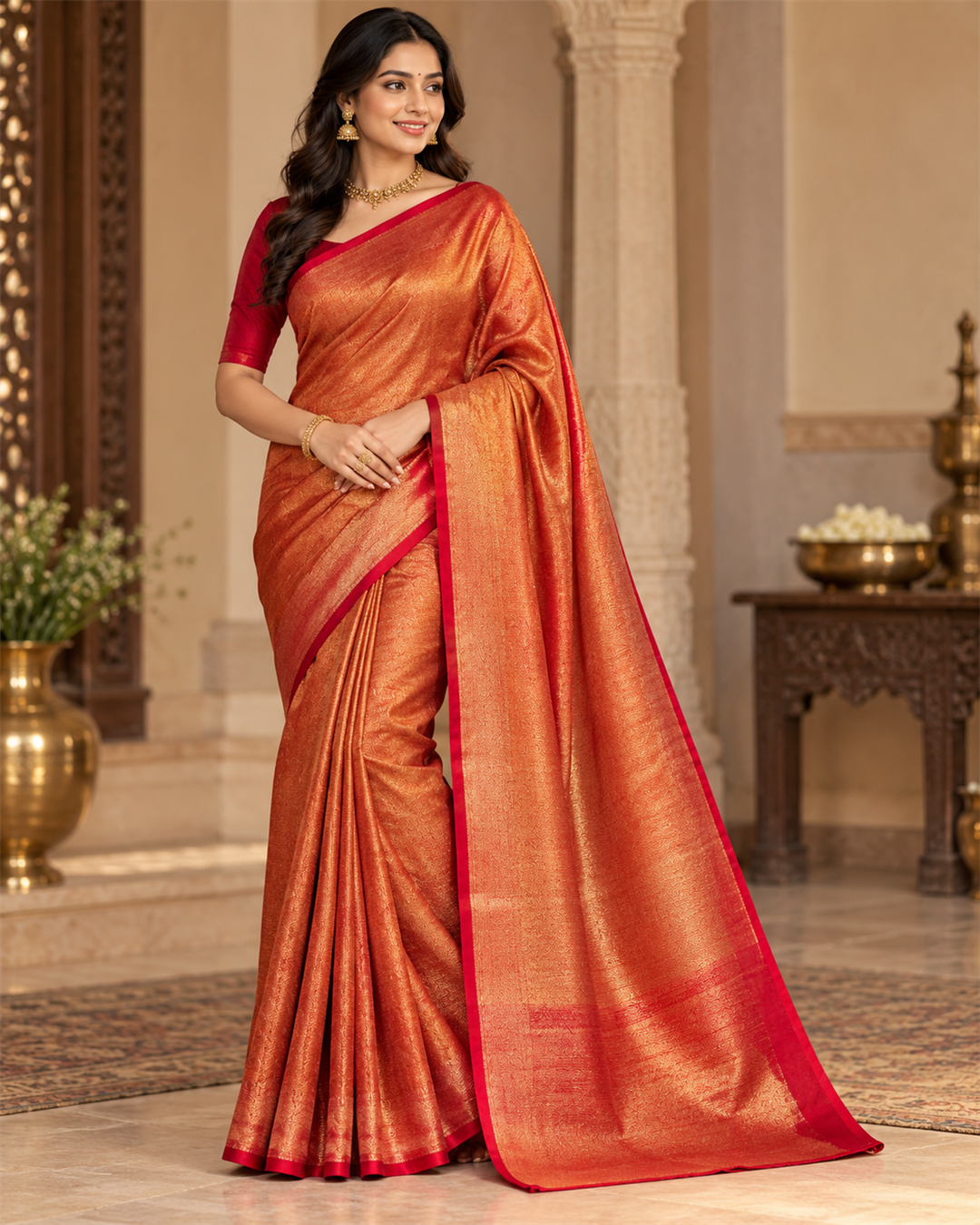 Radiant Rust Metallic Tissue Silk Saree