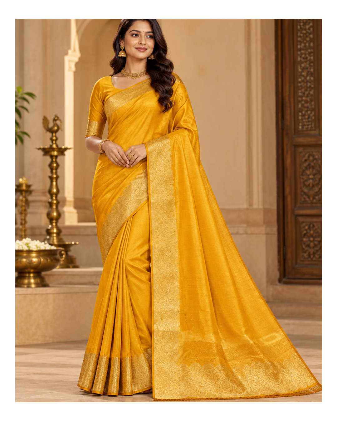 Radiant Mustard Yellow Silk Saree with Woven Gold Zari Border Main image