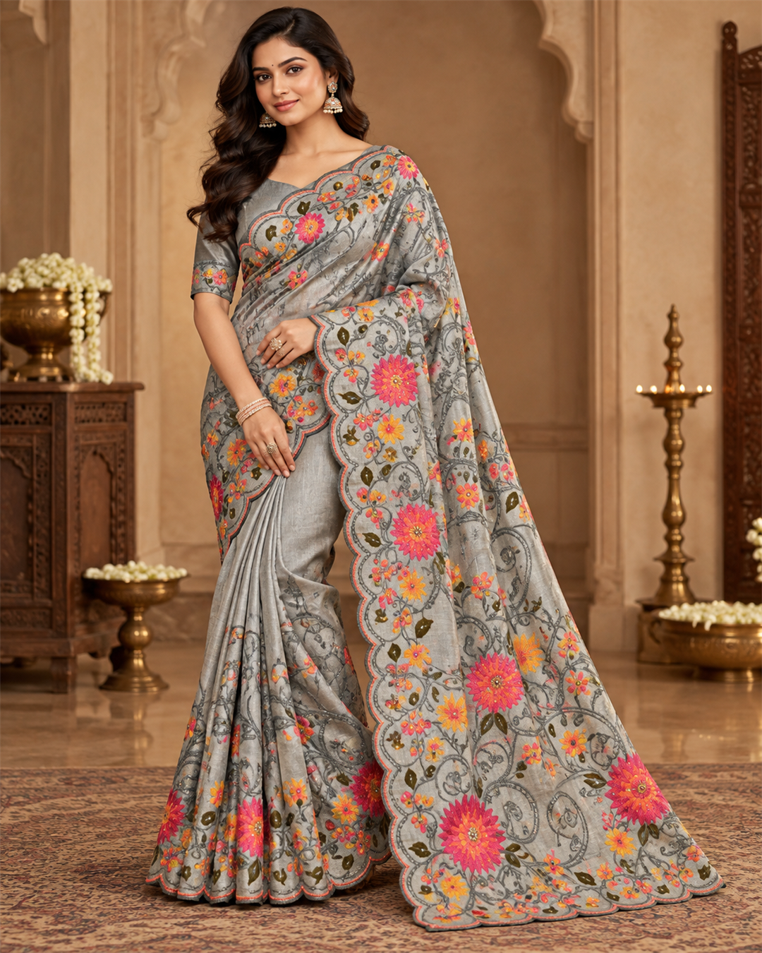 Elegant Grey Silk Saree with Vibrant Pink & Yellow Floral Embroidery Main image