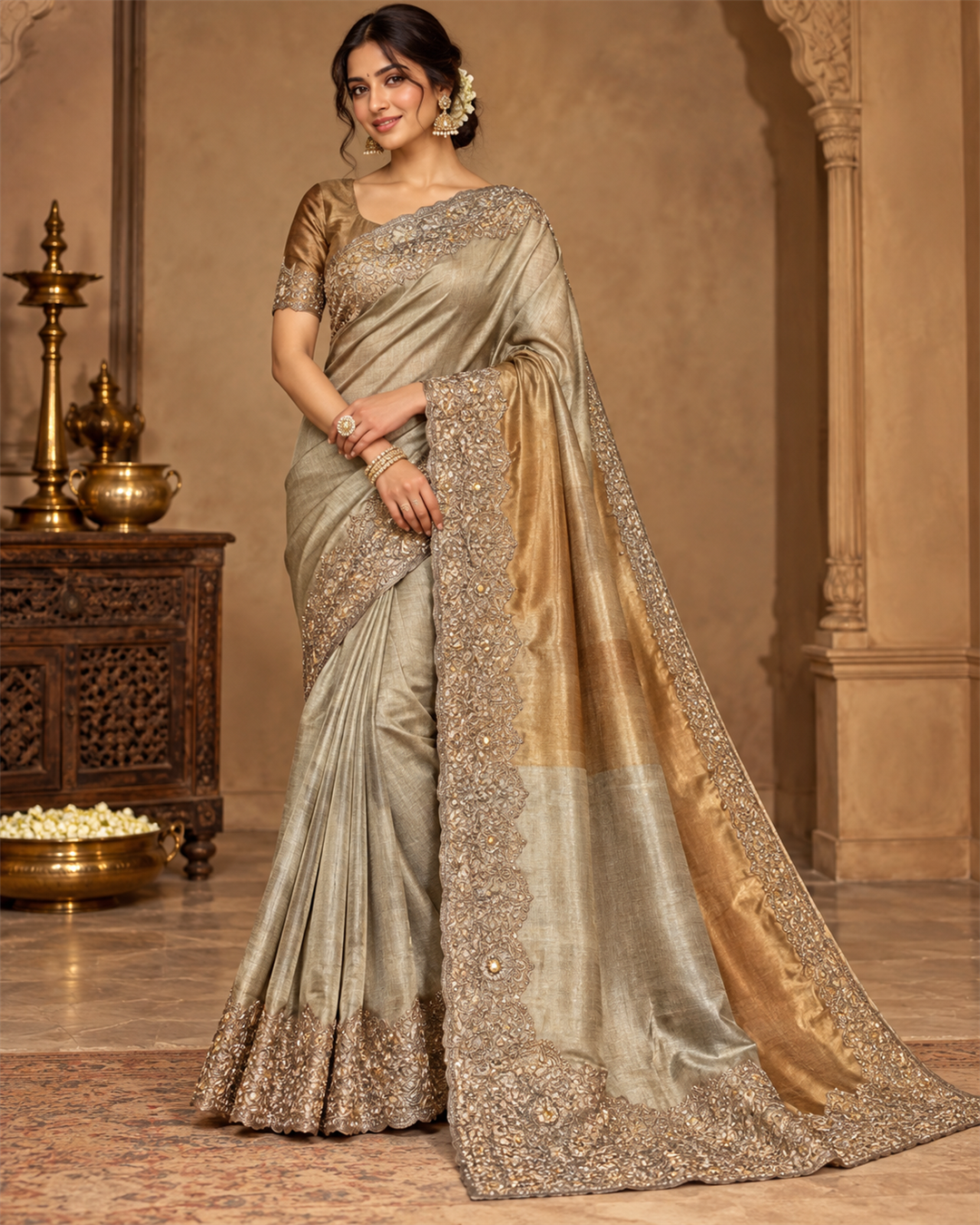Gold Embroidered Silk Saree with Matching Blouse Main image