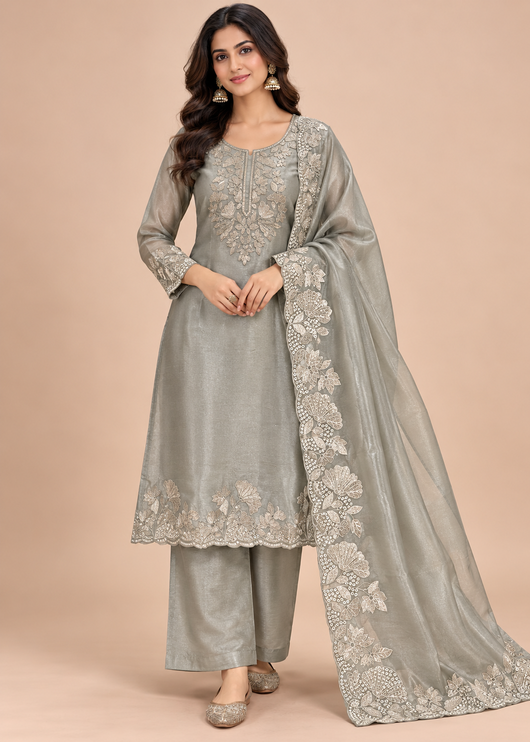 Silver Grey Embroidered Silk Suit Material