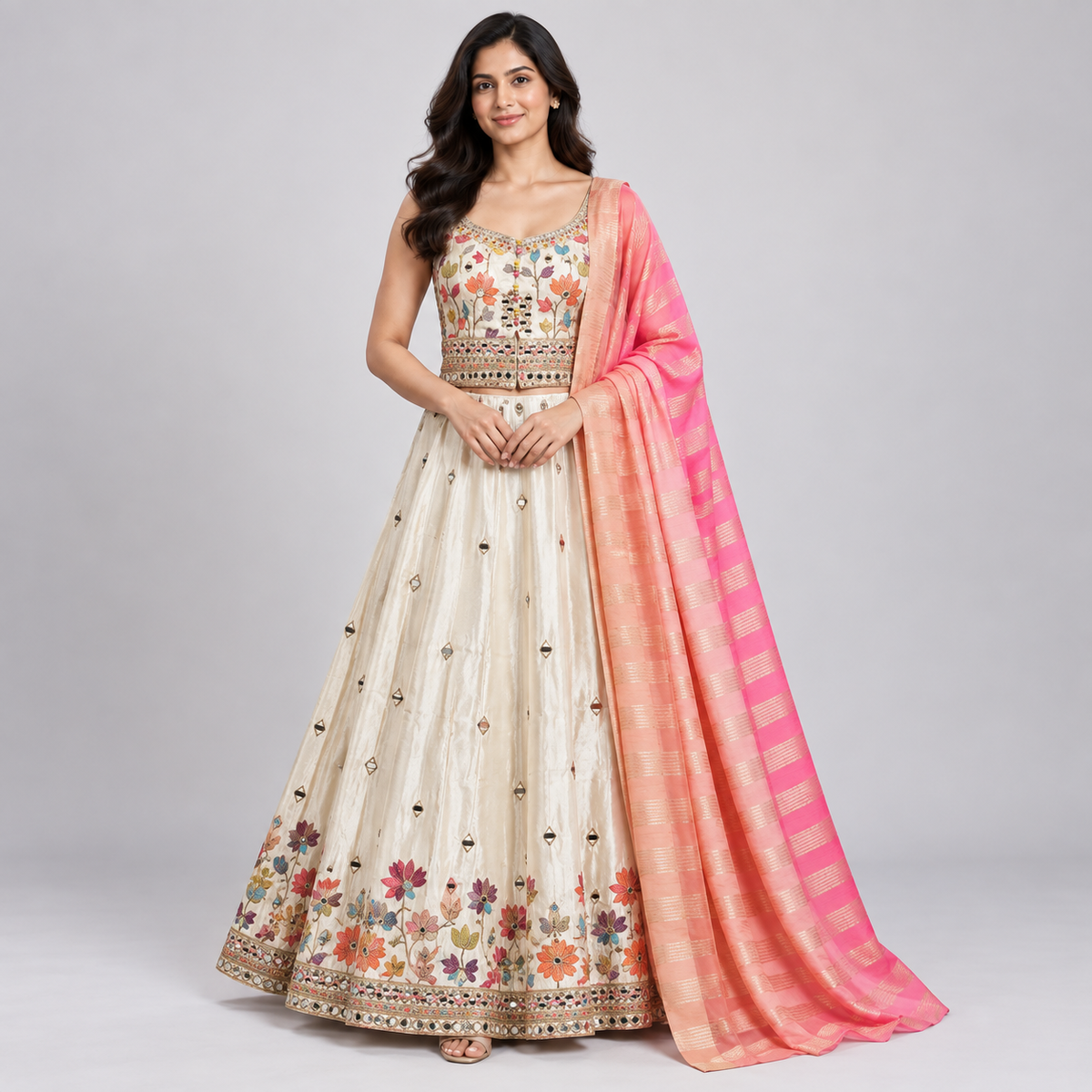 Ivory Floral Embroidered Lehenga Set with Ombré Dupatta