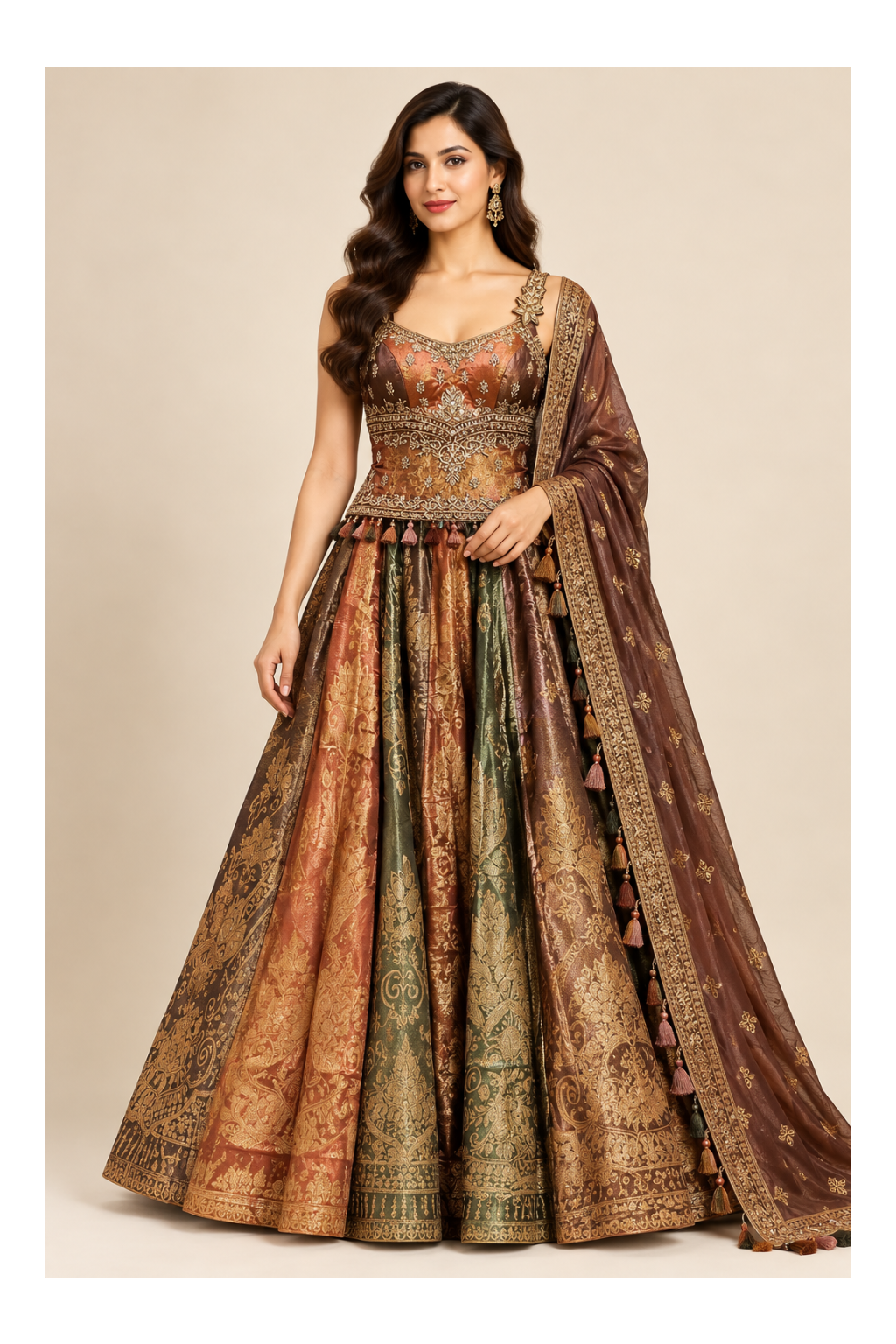 Rust-Copper &amp; Forest-Green Brocade Kalidar Lehenga, Embroidered Bustier Main image
