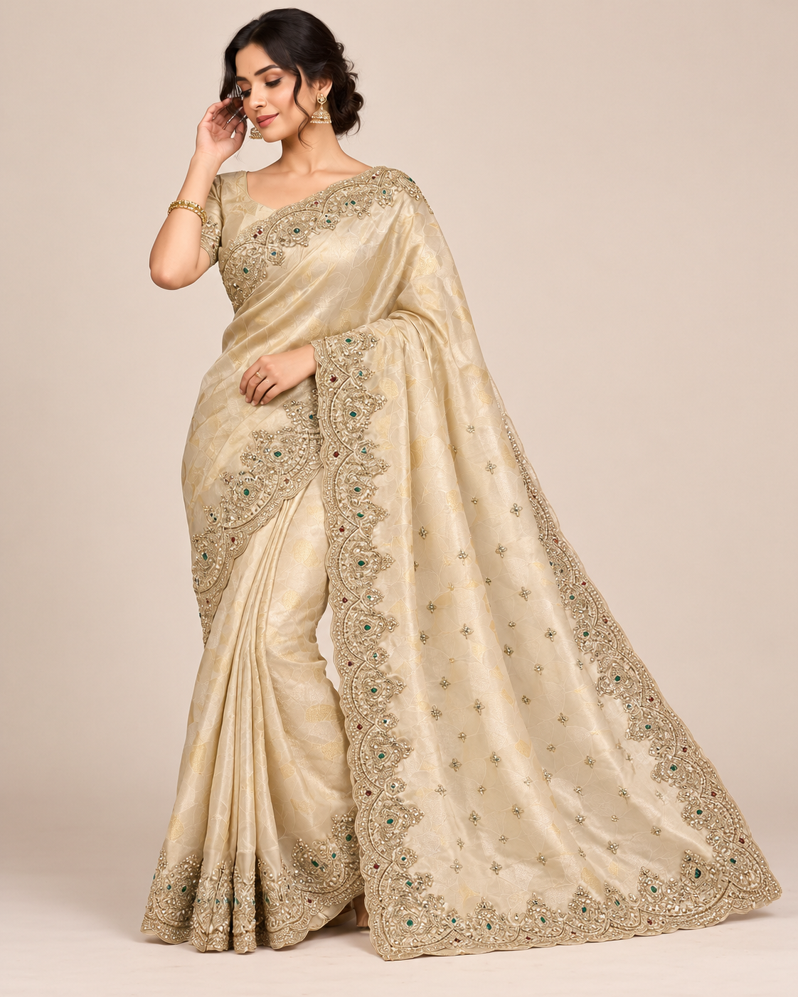 Off-White Tissue Organza Embroidered Saree