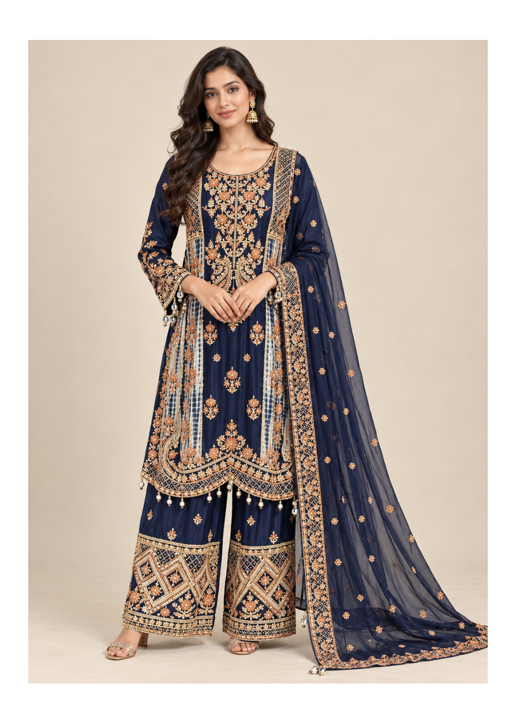 Navy Blue Shibori-Dyed & Embroidered A-Line Kurti, Wide-Leg Palazzo